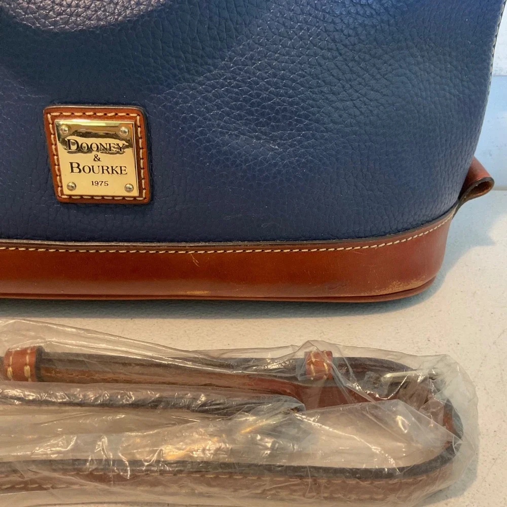 Dooney & Bourke Navy Blue Pebbled Leather Zip Zip Satchel Bag with Brown Trim